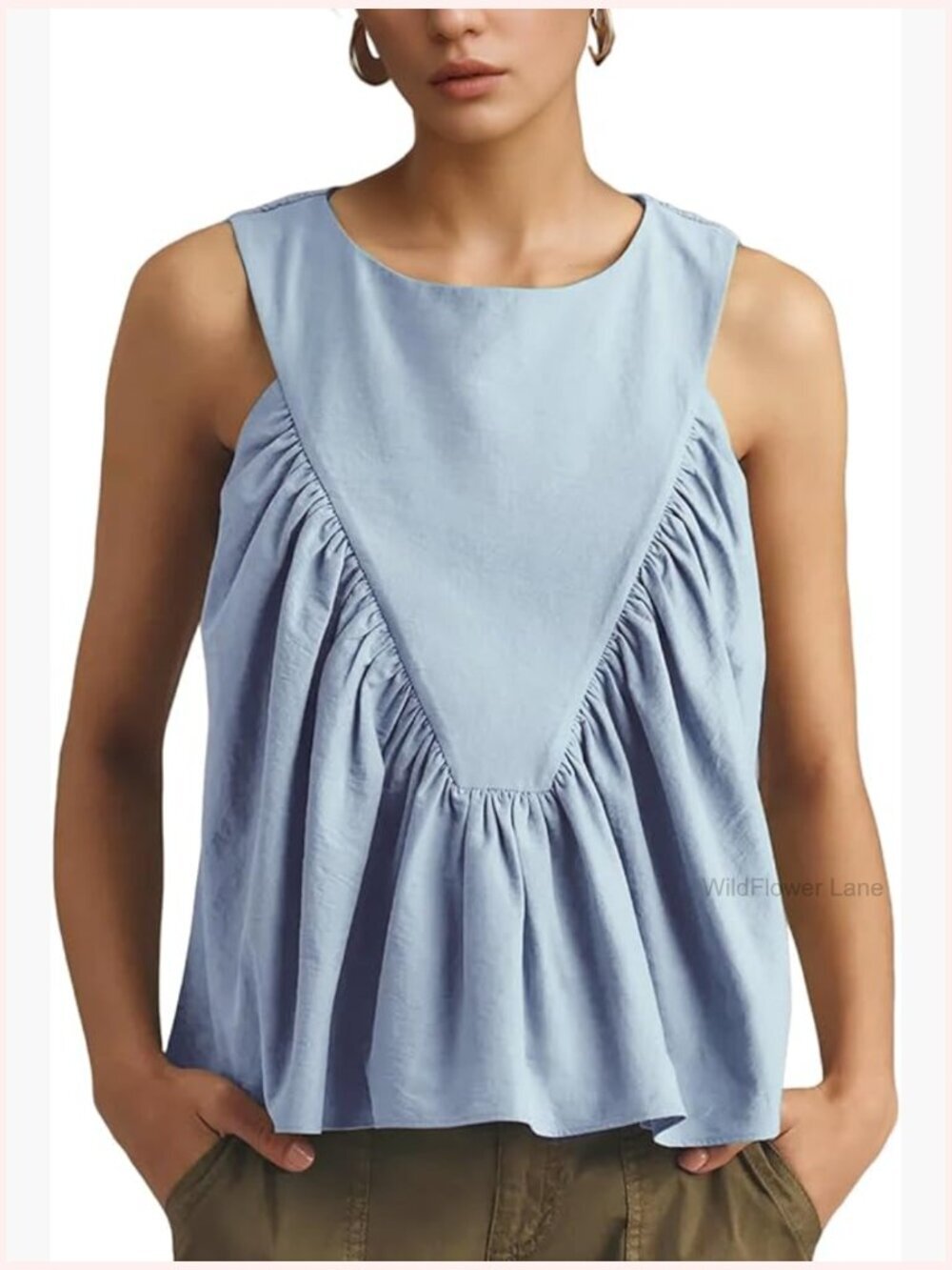 Shirred Swing Tank Top Peplum Pleated Flowy Sleeveless Vest Loose T-Shirt